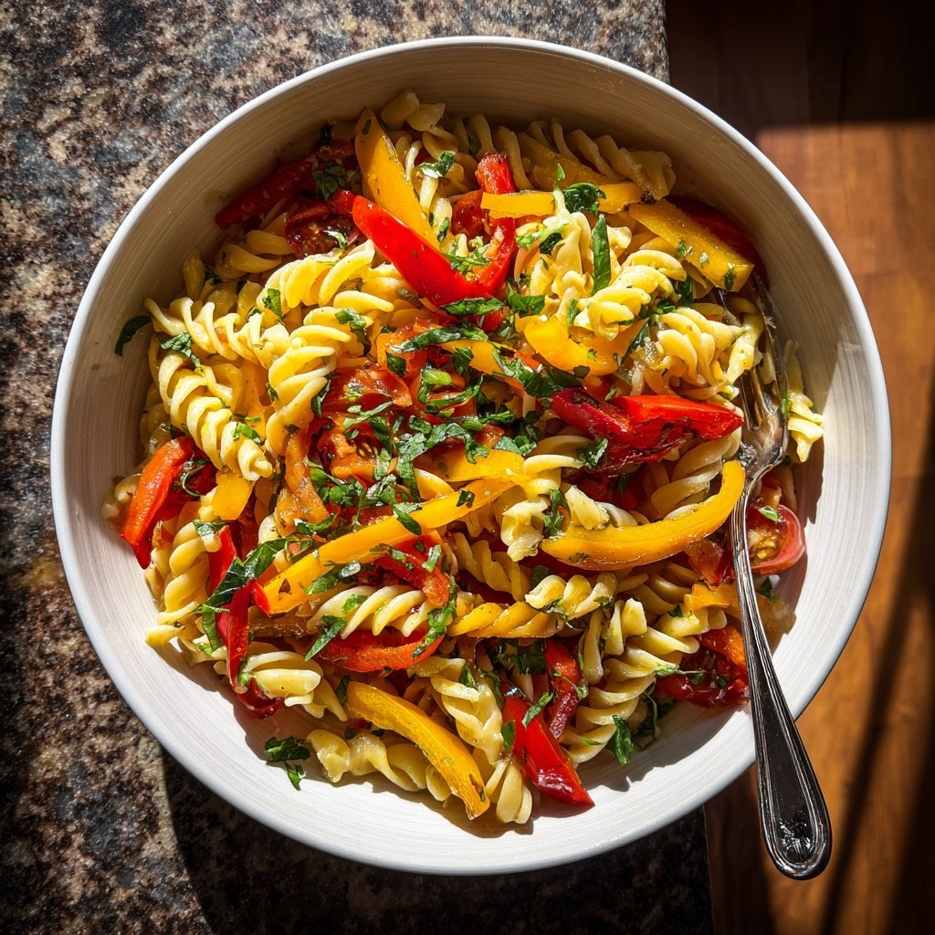 Mediterraner Nudelsalat Mit Paprika Würfeln